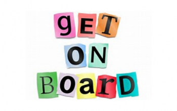 "get on board" written on colorful pieces of paper one letter per color