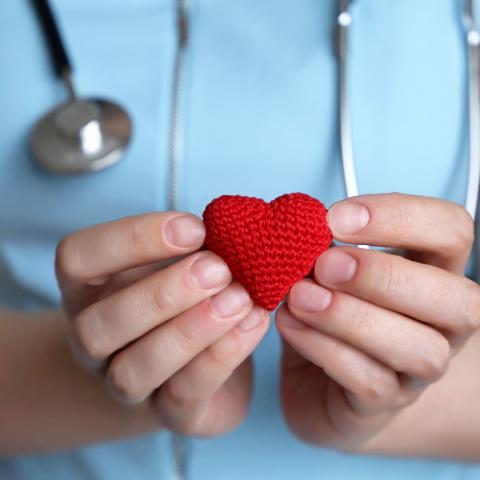 medical worker holding small knit heart