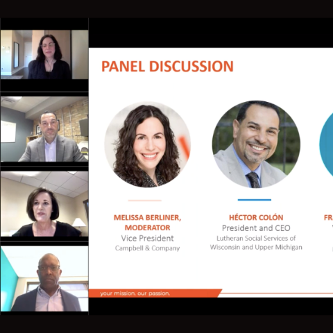 screen shot of panelists and PowerPoint presentation during the online event