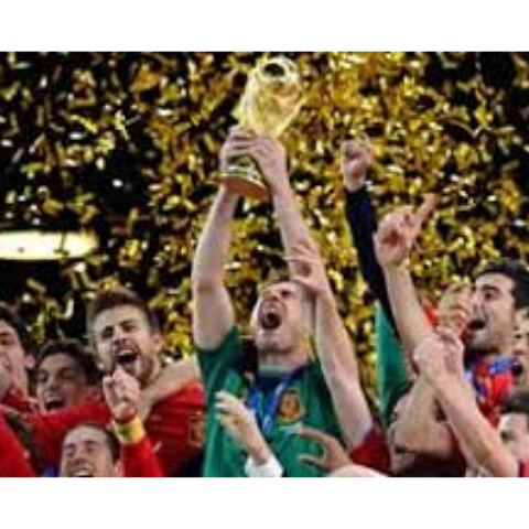 Image of Iker Casillas and Spain's National Soccer Team holding trophy in celebration of winning the 2010 World Cup