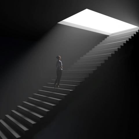 woman standing on stairs underground approaching an opening with light