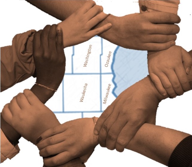 Hands clasping wrists forming a circle over an image of Southeastern WI counties map