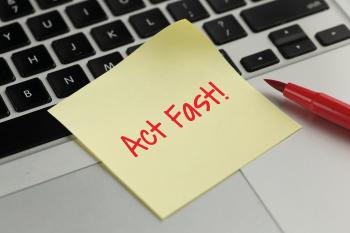 Post-it note on a laptop that says "Act Fast!!"