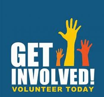 "Get Involved!" "Volunteer Today" with three images of out stretched arms/hands
