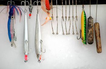image of fishing lures hanging neatly