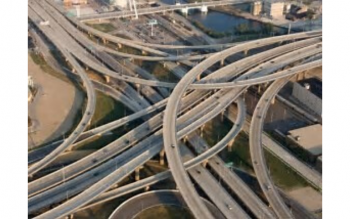 aerial photo of Milwaukee's interstate highway exits and rounded ramps overlapping