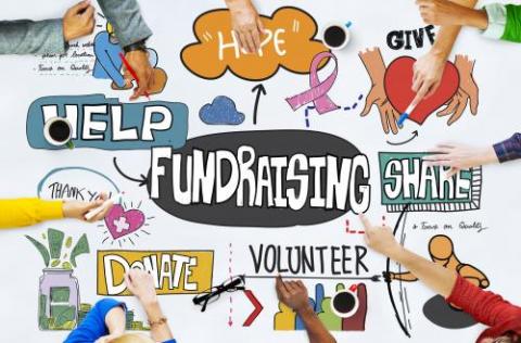 Graphic with hands and text bubbles stating fundraising, help, donate, volunteer, and thank you
