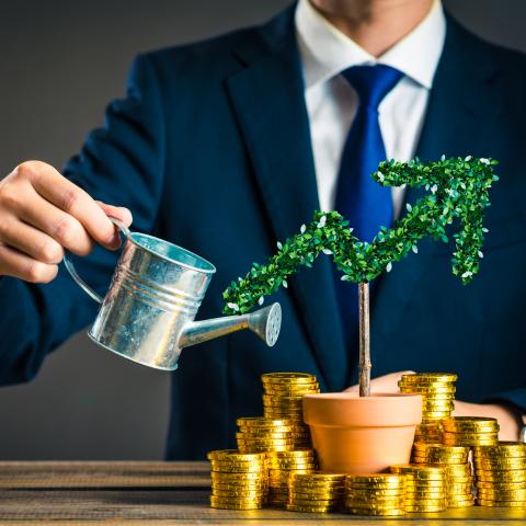 Man in suit using watering can on potted upward arrow shaped tree surrounded by coins