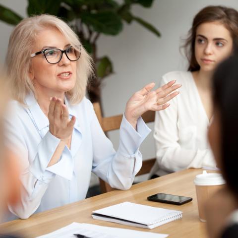 Professional female addressing a round table of other people
