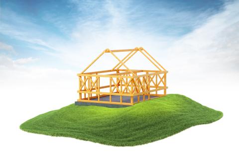 3d rendered illustration of Wooden framing for construction of new house floating in the air on sky background
