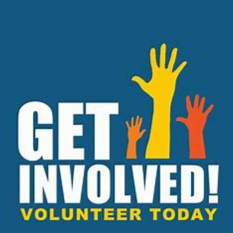 "Get Involved!" "Volunteer Today" with three images of out stretched arms/hands