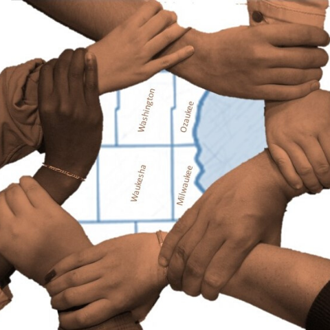 Hands holding wrist of others making a weaved circle with image of Wisconsin counties map in the background