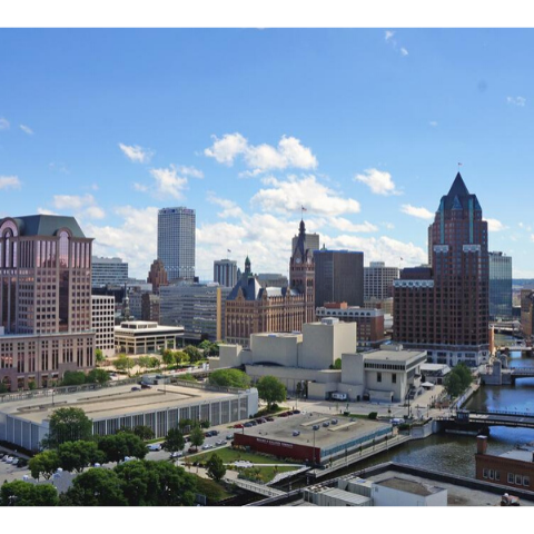 aerial view of downtown Milwaukee and Milwaukee River