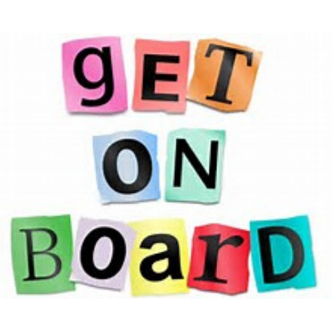 "get on board" written on colorful pieces of paper one letter per color