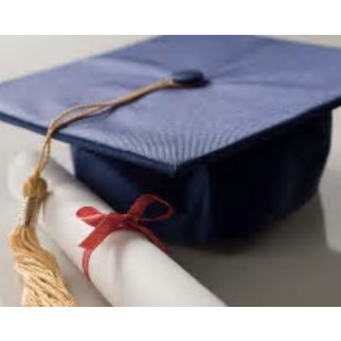 photo of mortarboard graduation cap next to a scroll with a red ribbon tied around it