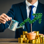 Man in suit using watering can on plant shaped like an upwards arrow surrounded by gold coins