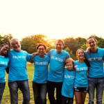 group of happy volunteers with arms around each other posing for a photo