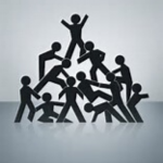 graphics image of stick figures making human pyramid